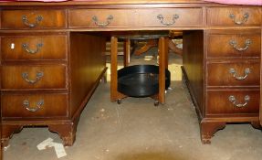 Oak pedestal desk on bracket feet: 8 drawers, tooled leather top (A/F) 151cm x 90cm x 75 cm high