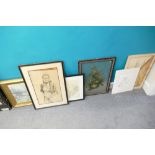 Group of six watercolours drawings & print: European scene Shison?, 2 x pencil drawings by Franco