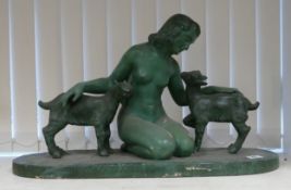 Art Deco style figurine of a girl with lambs: stamped Euiter and signed L Alliot. Height 40cm