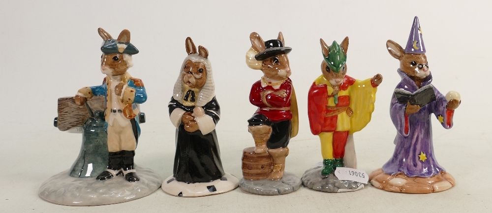 Royal Doulton Bunnykins Figures: Judge DB188, Liberty Bell (cert.) DB257, Cavalier DB179, Wizard (