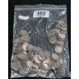 A collection of pre 1947 silver threepence coins: 288g.