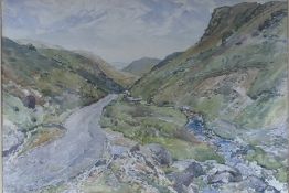 Reginald George Haggar 1905-1988 watercolor of a landcape "The Ystwyth valley": 38cm x 57cm. With