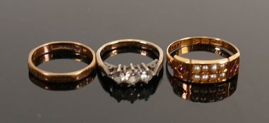 Three rings including 15ct gold hallmarked Victorian ruby & pearl ring: 15 ct 1.8g, together with