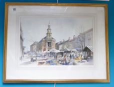 Ivan Taylor local Artist watercolour of Newcastle market & Guild Hall: Measures 35cm x 52.5cm