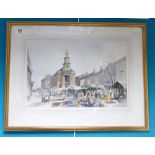 Ivan Taylor local Artist watercolour of Newcastle market & Guild Hall: Measures 35cm x 52.5cm