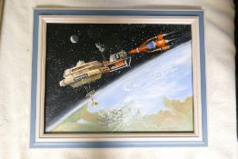 Original Oil Painting on Canvas by Thunderbirds Art Director Bob Bell Titled Thunderbird 3 docking