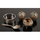 A collection of Silver items: including footed silver salt, bangle, pair footed embossed cruets (