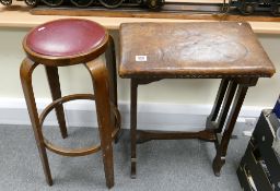 Early 20th Century bent wood stool: together with a late 19th Century arts and crafts leather topped