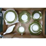 Wedgwood green Florentine patterned dinner ware: to include 11 rimmed bowls, 2 soup bowls and