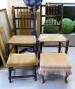 Two rush seated non matching chairs: together with two upholstered foot stools (4)