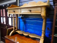 Mahogany pine side table with galleried top above 2 drawers on turned supports