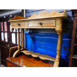 Mahogany pine side table with galleried top above 2 drawers on turned supports