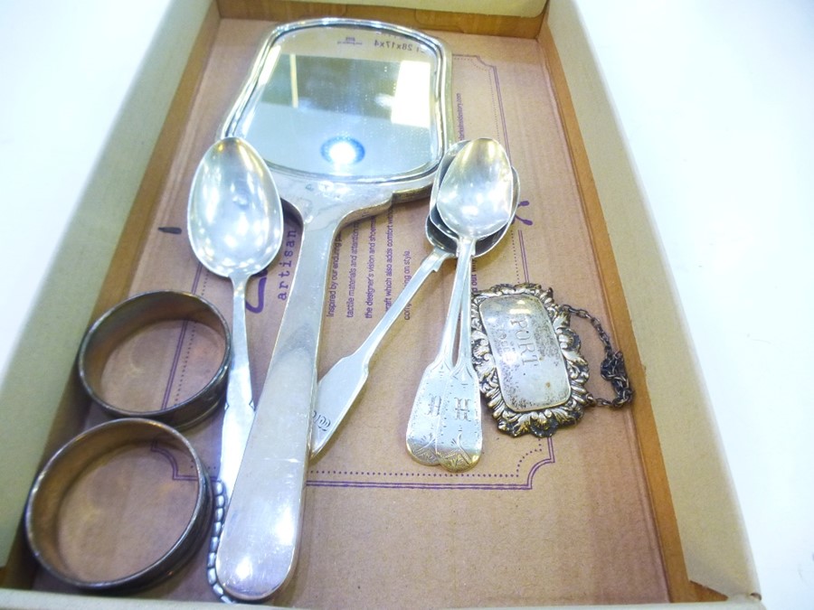 Silver lot comprising of a hand held mirror with engine turned decoration Hallmarked Robert Pringle - Image 5 of 5