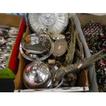 Box of mixed silver plated items to incl silver plated creamers, silver plated Brompton Clock, trays