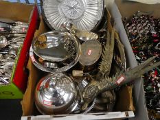 Box of mixed silver plated items to incl silver plated creamers, silver plated Brompton Clock, trays