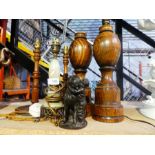 Pair of turned mahogany table lamps, larger pair AF and an onyx example etc