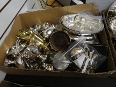 Box of mixed silver plated items to incl. swing handled basket, creamers, jugs, trophy etc