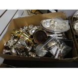 Box of mixed silver plated items to incl. swing handled basket, creamers, jugs, trophy etc