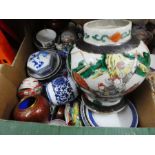 Box of Oriental china to incl. blue and white trinket box, Cloisonné ginger jars, vases etc