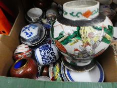 Box of Oriental china to incl. blue and white trinket box, Cloisonné ginger jars, vases etc