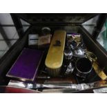 Harrods cutlery case containing collectables incl. pens, salts, medicine bottles, costume jewellery,