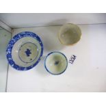 Small blue and white oriental, possibly Chinese, dish decorated with a village scene, blue and white