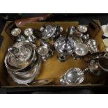 Box of silver plated items to incl. trophies, jugs, coffee pots etc