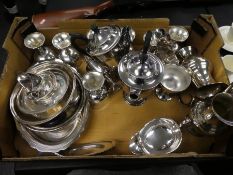 Box of silver plated items to incl. trophies, jugs, coffee pots etc