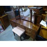 Mid Century teak dressing table with trifold mirror and stool by G-Plan and matching headboard