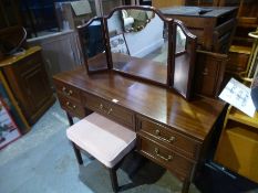 Mid Century teak dressing table with trifold mirror and stool by G-Plan and matching headboard