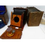 Vintage mahogany cased plate camera and case