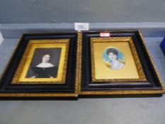 A Pair of 19th Century unsigned miniatures painted on glass, one AF within their original ebonised a