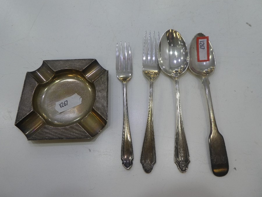 A silver ash tray hallmarked Birmingham 1950 D Bros with two silver forks and two silver teaspoons a - Image 2 of 8