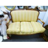 French style mahogany framed salon sofa upholstered in cream striped fabric