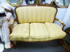 French style mahogany framed salon sofa upholstered in cream striped fabric