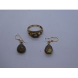 9ct yellow gold ring set with smokey topaz AF 3.2g and a pair of 9ct smokey topaz drop earrings