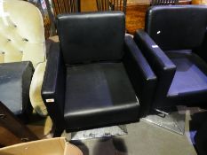 Pair of contemporary faux leather barber chairs on square chrome supports