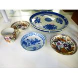 Small blue and white Oriental dish decorated with village scene, large blue and white charger, and a