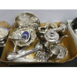 Crate of silver plated items to incl. fruit basket, cutlery, trays, candlesticks, toast rack etc