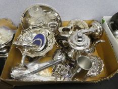 Crate of silver plated items to incl. fruit basket, cutlery, trays, candlesticks, toast rack etc