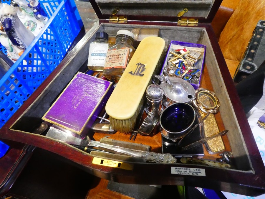 Harrods cutlery case containing collectables incl. pens, salts, medicine bottles, costume jewellery, - Image 2 of 3