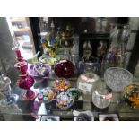 Shelf of various glass and china - Royal Worcester model birds, Millifiore paperweights, scent bottl