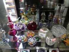 Shelf of various glass and china - Royal Worcester model birds, Millifiore paperweights, scent bottl