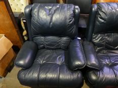 Blue leather two seat sofa with matching armchair