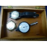 Vintage Smiths stainless steel wristwatch on black leather strap, Bulova example etc in an inlaid bo