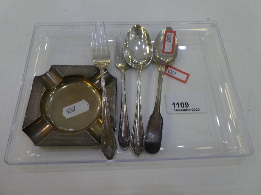 A silver ash tray hallmarked Birmingham 1950 D Bros with two silver forks and two silver teaspoons a