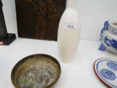 Oriental brass bowl and a white glazed bottle vase