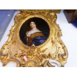 Oil painting in Manner of Hyacinthe Rigaud, portrait of a lady, 1/4 length, wearing a lace trimmed d