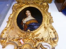 Oil painting in Manner of Hyacinthe Rigaud, portrait of a lady, 1/4 length, wearing a lace trimmed d