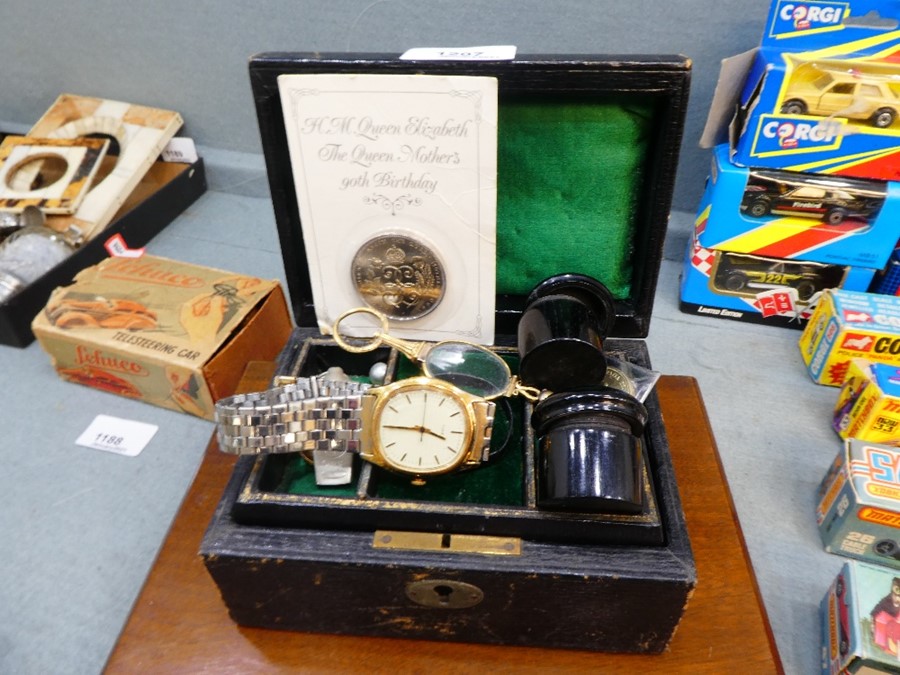 Leather jewellery box containing collectables incl. pair of folding spectacles, small circular ebony